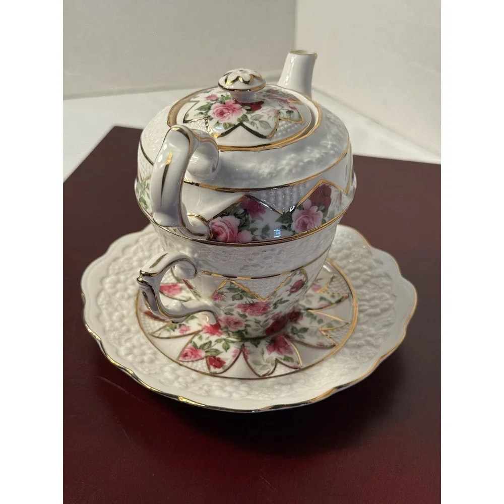 4 piece Grace teaware tea for one Rose Floral Teapot Cup Saucer & cookie‎ tray